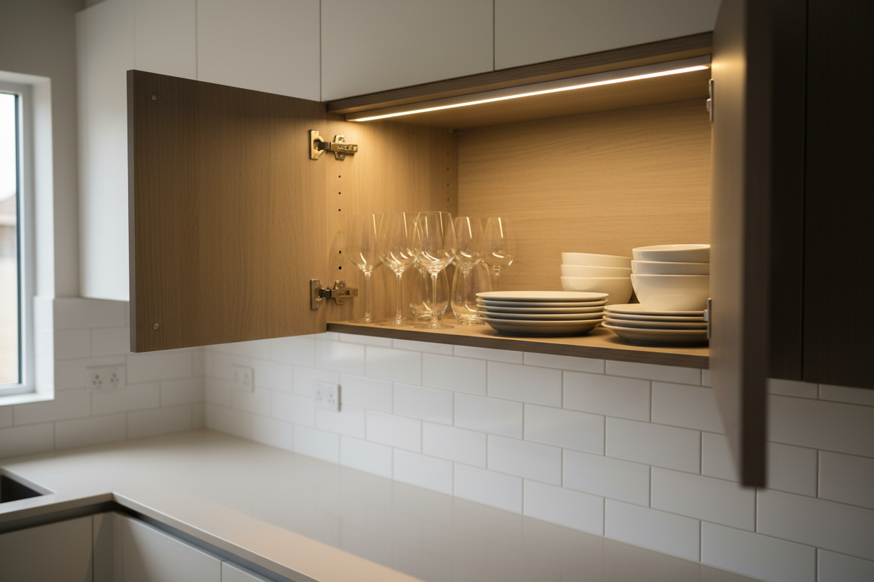 Motion Sensor Cabinet Light installed inside a modern kitchen cabinet